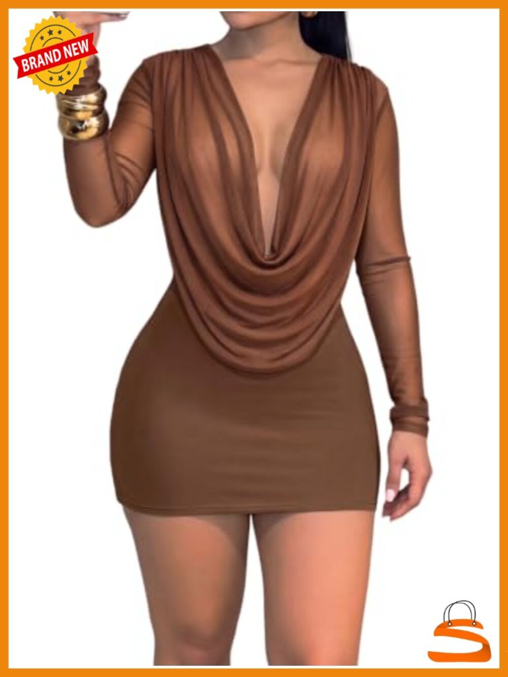 Cowl Neck Mesh Long Sleeve Backless Bodycon Mini Dress for Club
